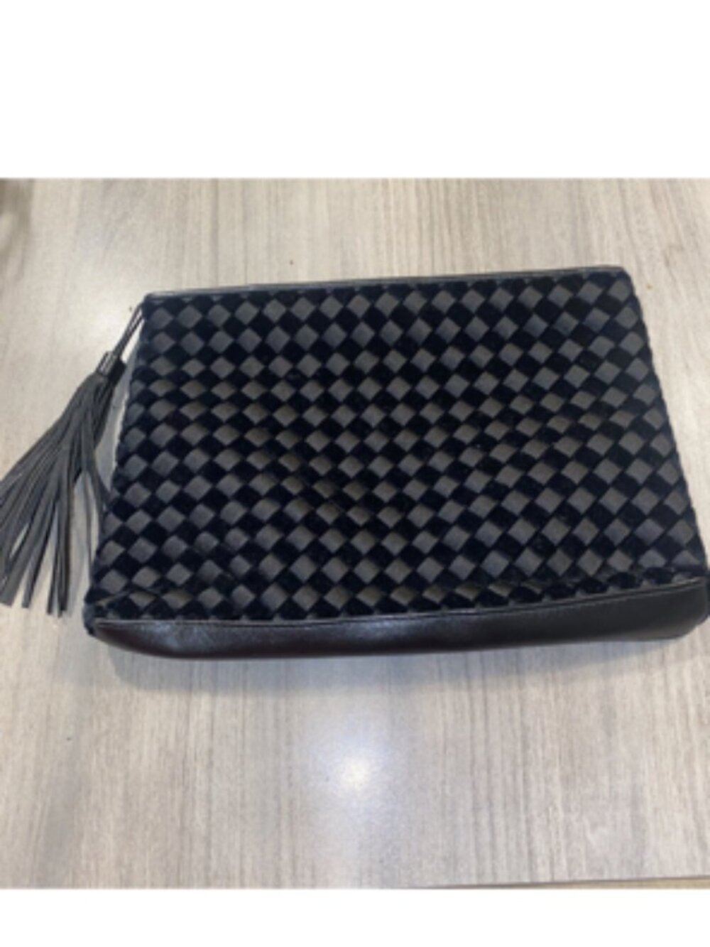 Vintage MEYERS USA Black Woven Velvet Checkerboard Intrecciato Clutch w/ Tassel